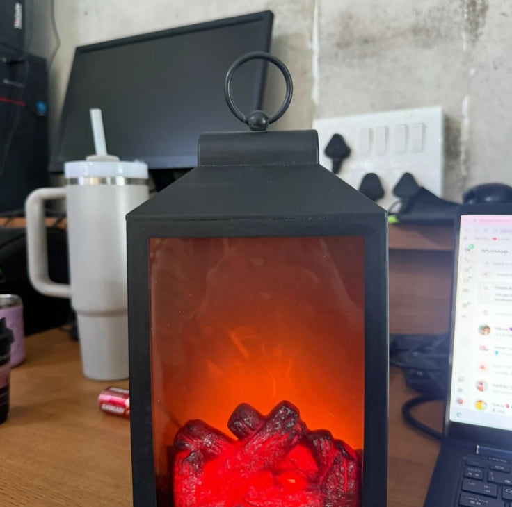 LED Fireplace Lantern with Realistic Flame Effect, Black Decorative Lamp