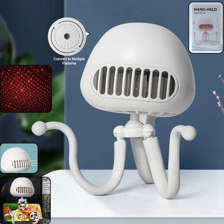 Handheld Mini Fan with LED Star Projector & Flexible Tripod Stand