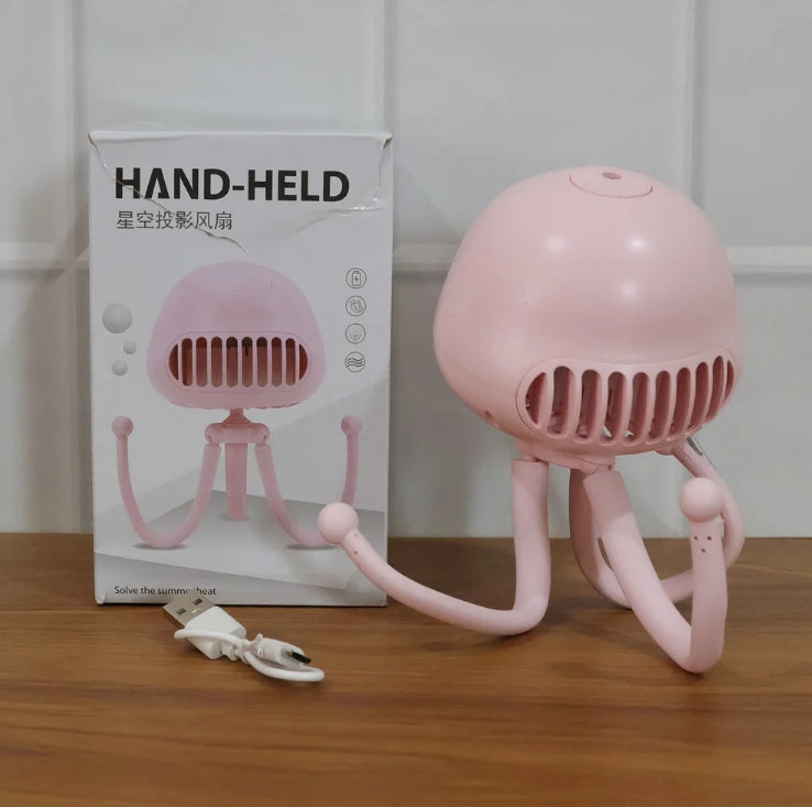 Handheld Mini Fan with LED Star Projector & Flexible Tripod Stand