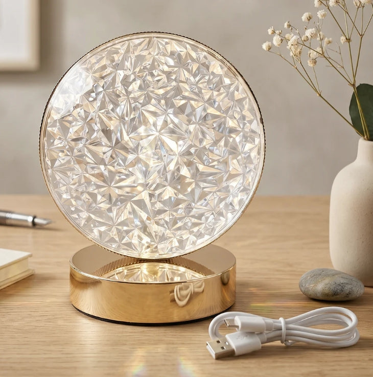 Round Crystal LED Table Lamp – Dimmable Touch & USB Rechargeable