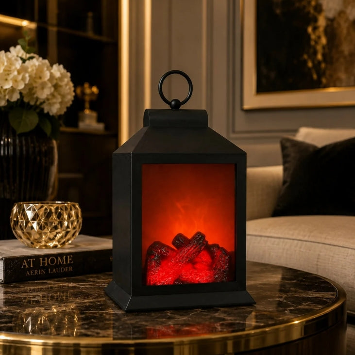 LED Fireplace Lantern with Realistic Flame Effect, Black Decorative Lamp