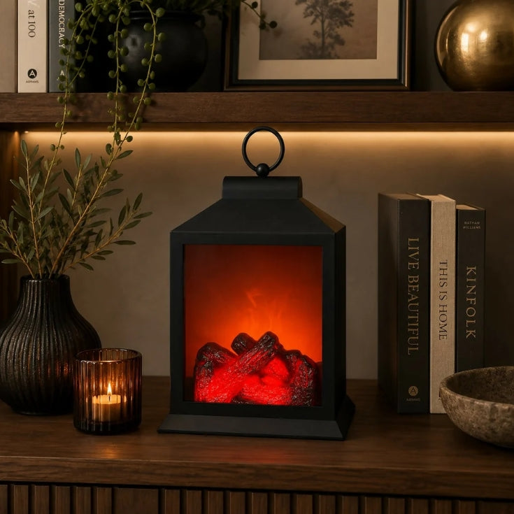 LED Fireplace Lantern with Realistic Flame Effect, Black Decorative Lamp