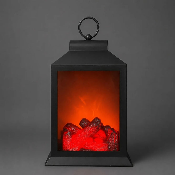 LED Fireplace Lantern with Realistic Flame Effect, Black Decorative Lamp