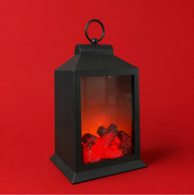 LED Fireplace Lantern with Realistic Flame Effect, Black Decorative Lamp