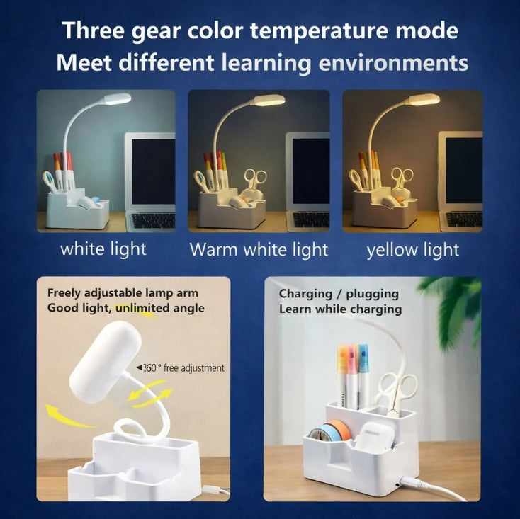 LED Study Desk Lamp – Adjustable Arm with Pen Stand Organizer